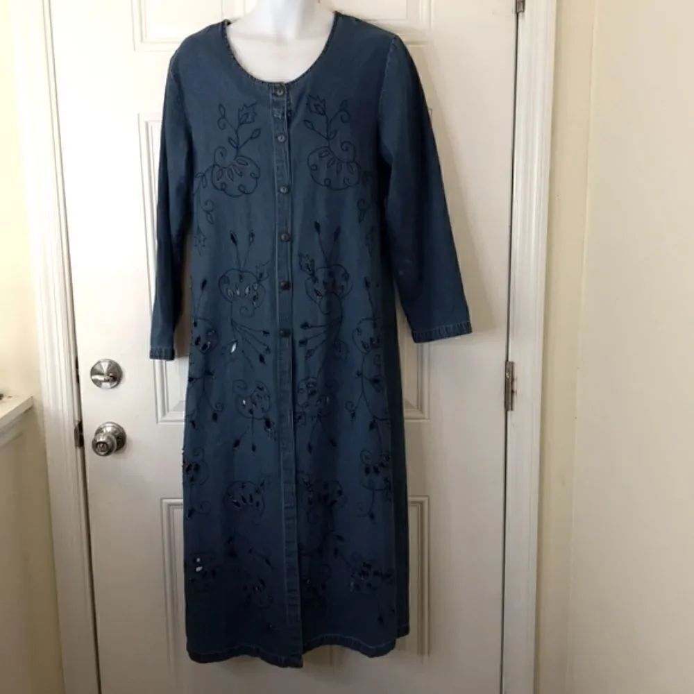 MSAS blue denim long sleeve button front embroidery and laser cutouts duster